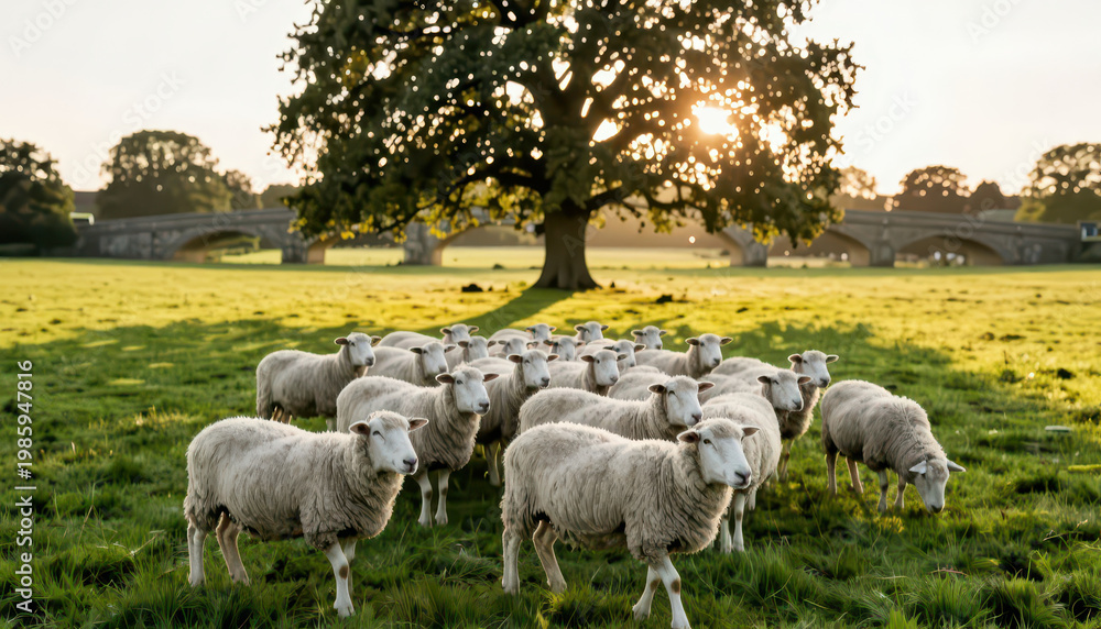 Fototapeta premium a group of sheep gathered in a field. Trees and a bridge are visible in the background, with sunlight illuminating the grassy area.