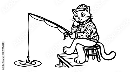 Black and White Line Art of a Cat Fishing on a Dock, Cute, Whimsical, Hobby