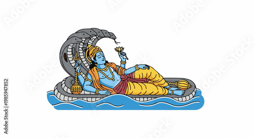Blue deity reclines on serpent coils amidst waves, holding lotus