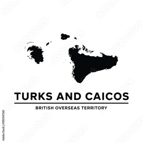 A black silhouette of the Turks and Caicos islands with the nation s name and territory designation