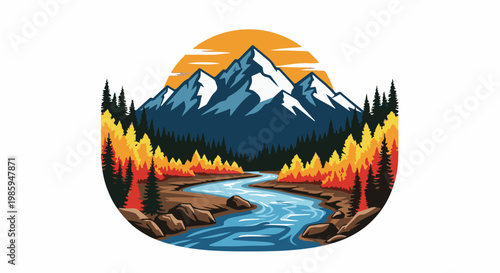 Autumn mountain scene with river and coniferous trees