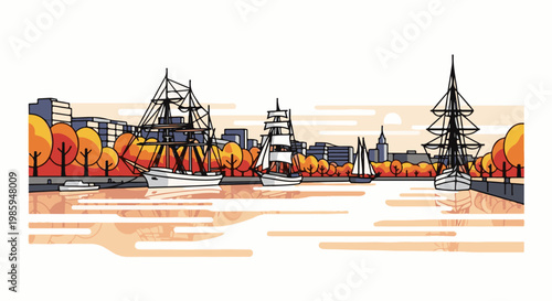 Autumn waterfront scene with sailing ships and city buildings