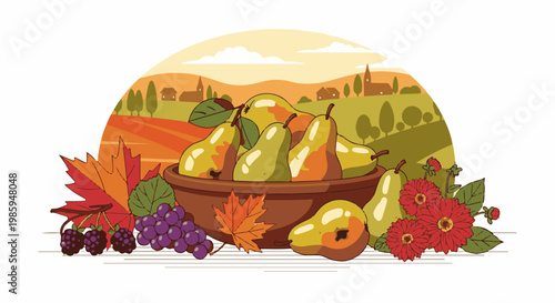 Autumn harvest scene with bowl of pears, grapes, berries, flowers and fall leaves