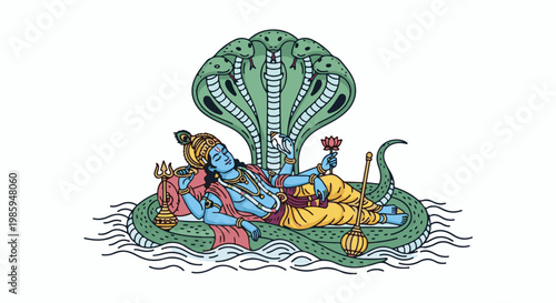 Blue deity with multiple arms reclines on a coiled green serpent under a canopy of snakes