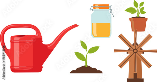 Gardening Icon Set Featuring Watering Can, Plants, Glass Jar, and Windmill for Eco-friendly Designs, Apps, and Digital Media