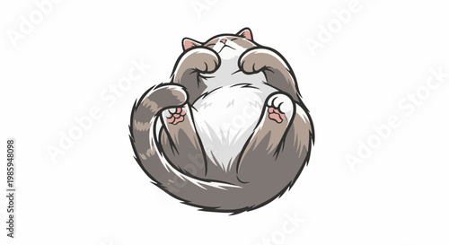 Adorable, plump cat sleeps curled into a ball, paws up