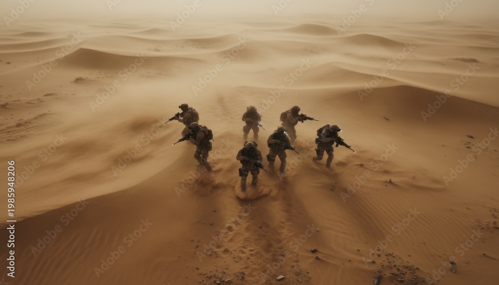 Obraz premium Tactical squad advancing through desert during sandstorm