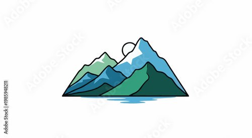 Abstract layered mountains with a sun and water reflection