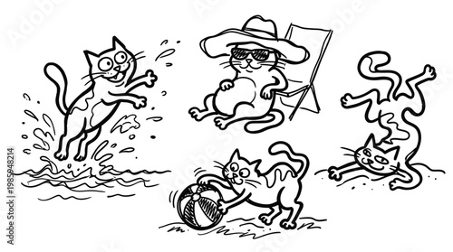 Black and White Line Art Illustration of Playful Cats on Vacation, Beach, and Water Fun