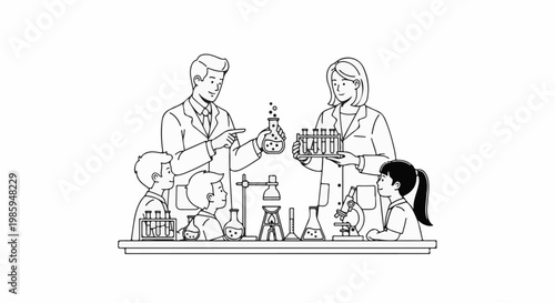 Adults demonstrate science experiment with children using glassware and microscopes