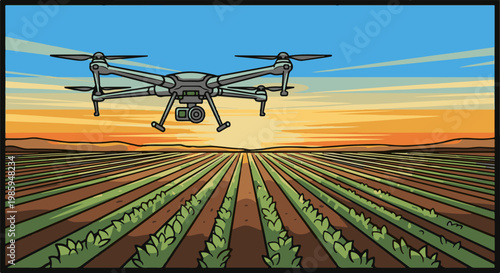 Aerial drone surveys a sunrise over vast, green agricultural fields
