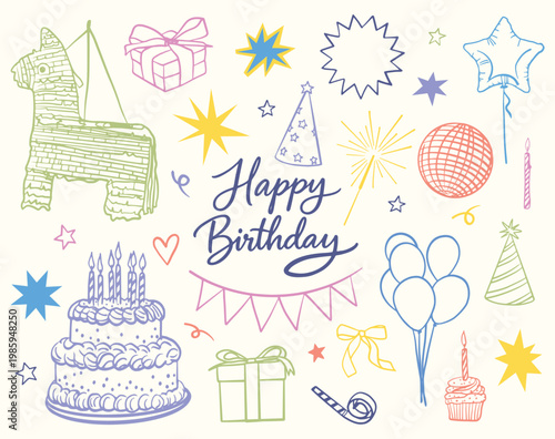 Happy Birthday set with party elements, cake, balloons, pinata and decorative icons vector illustration