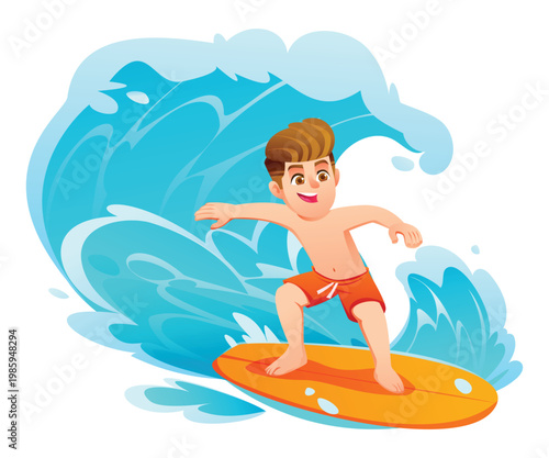 Happy boy standing on surfboard while riding big ocean wave in summer. Vector cartoon illustration