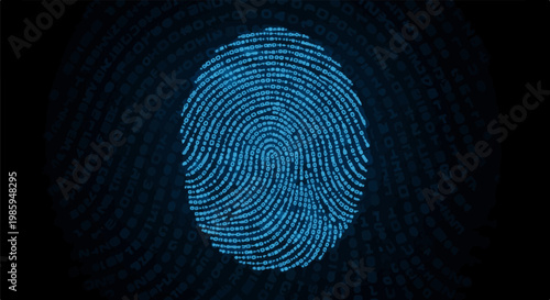Blue digital fingerprint made of binary code on a dark background