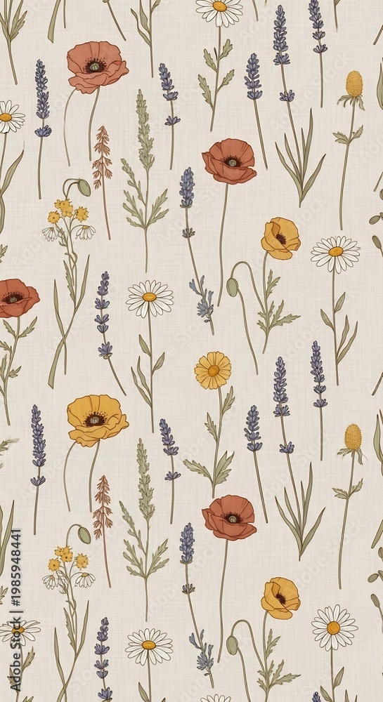 Fototapeta premium Seamless Pattern of Delicate Wildflowers and Lavender Sprigs.
