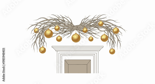 Bare branches with gold ornaments draped over a fireplace mantel