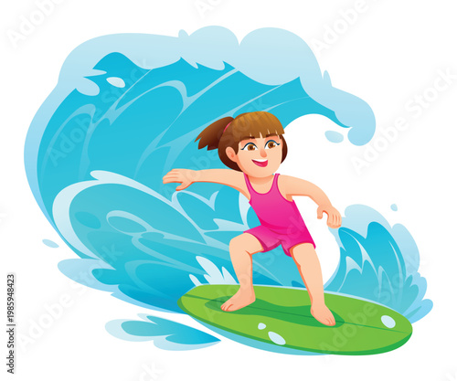 Young girl balancing on surfboard as she rides massive blue ocean wave. Vector cartoon illustration
