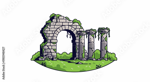 Ancient stone archway and columns overgrown with moss and ivy