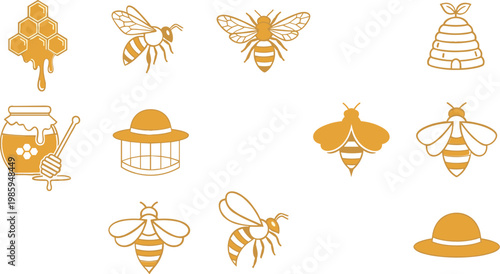 Bee and Honey Icon Set with Beehive, Honey Jar, Bee Symbols, and Beekeeping Equipment for Websites, Apps, and Digital Media