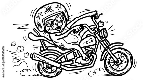 Fun Black and White Line Art Cat Riding a Motorcycle, Automotive Cartoon