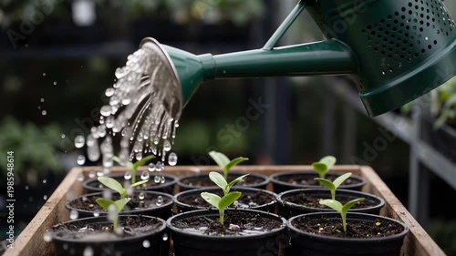 Watering plant with shower can nurturing young seedlings in soil scene