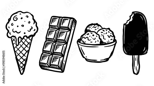 Food Industry Sweet Treats Hand-drawn Black and White Line Art Vector Set. Doodle Icons of Ice Cream Cone, Chocolate Bar, Ice Cream Scoops, Popsicle.