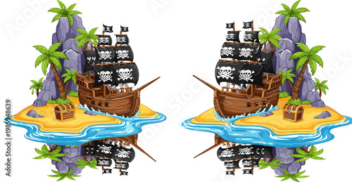 Cartoon Pirate Ship on Tropical Island with Palm Trees, Treasure Chest and Skull Flags Symmetrical Reflection Design for Adventure and Fantasy Themes