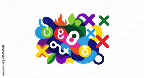 Abstract colorful shapes and symbols, a vibrant, playful composition