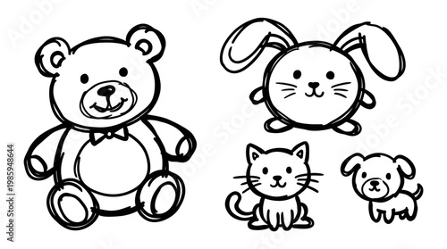 Cute Hand-Drawn Black  White Line Art Animal Characters Collection: Teddy Bear, Bunny, Cat, Dog Sketch for Children's Nursery Decor.