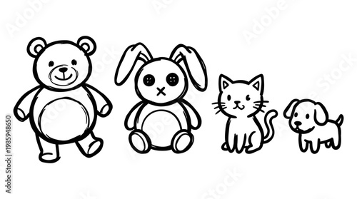 Cute Cartoon Animal Black  White Line Art: Hand-Drawn Teddy Bear, Bunny, Cat, and Dog Illustration for Kids, Pets  Childhood Niche