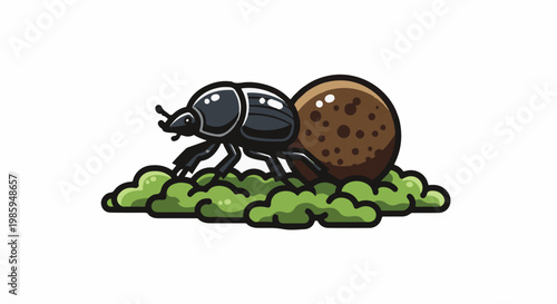 Black beetle pushing a large brown ball through green moss