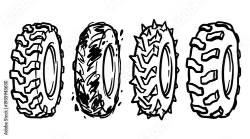 Automotive and Agricultural Industry Heavy-Duty Off-Road Tires Black and White Hand-drawn Line Art Sketch Set