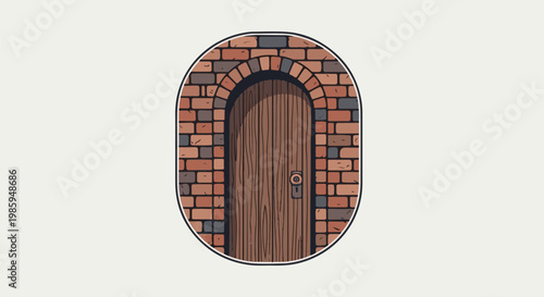 Arched wooden door set in a brick wall, oval frame