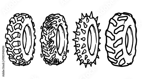 Hand-drawn Black and White Line Art of Off-road and All-Terrain Vehicle Tires. Sketch Icons for Automotive, Agriculture, and Extreme Terrain Use.