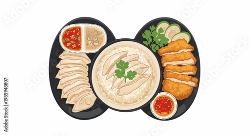Assortment of flavorful Asian dishes with chicken and dipping sauces