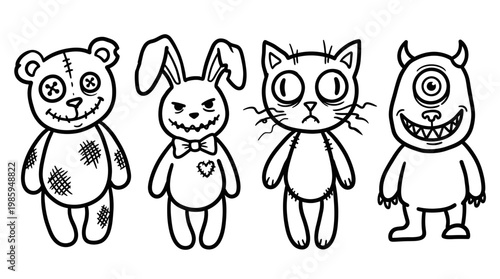 Creepy Stitched Teddy Bear, Bunny, Cat, Monster Vector Art - Black and White Line Illustration for Halloween