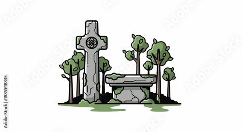 Ancient stone cross and altar with trees