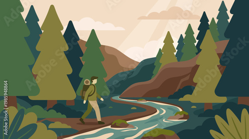 Hiking Forest Trail Scene with Mountain Landscape Nature Flat Vector