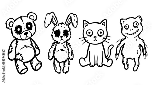 Creepy Handmade Stuffed Animals: Teddy Bear, Rabbit, Cat, Monster - Black and White Line Art Vector