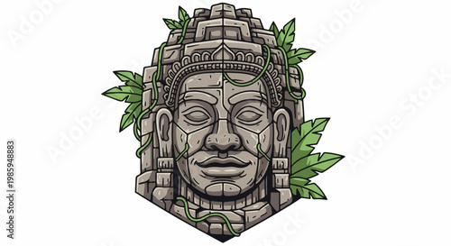 Ancient stone face sculpture overgrown with lush green vines and leaves
