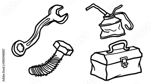 Black and white line art illustration of tools: wrench, bolt, oil can, toolbox