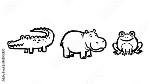 Black and White Line Art of Cartoon Crocodile, Hippopotamus, and Frog