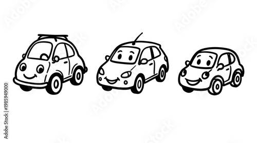 Cute Cartoon Cars Black and White Line Art Illustration for Automotive Industry