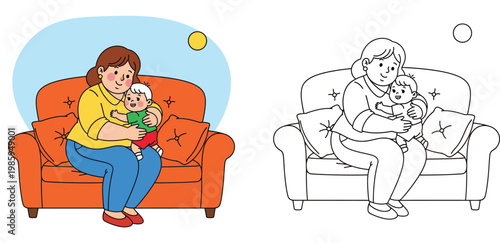Happy mother lovingly holding her baby while sitting on an orange couch flat cartoon vector illustration family care