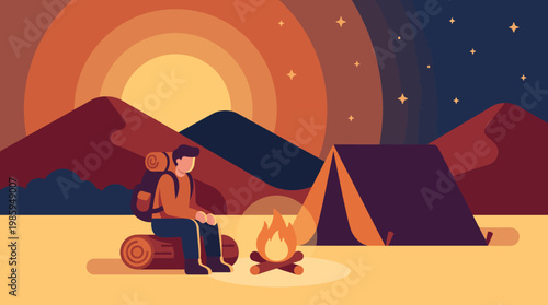Mountain Camping Scene at Sunset with Tent Campfire Flat Vector