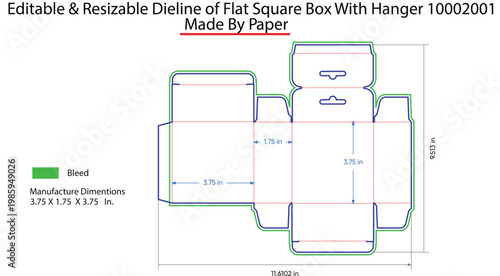 Editable dieline of flat square box with hanger, dimensions and bleed area