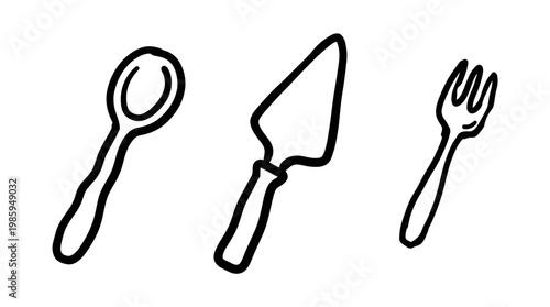 Black and White Line Art Spoon, Cake Server, and Fork