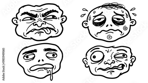 Black and White Line Art of Four Disgusted, Sick, or Tired Faces