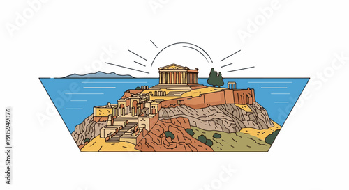 Ancient stone city on a hill overlooks the sea at sunrise