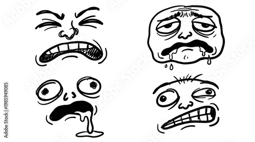 Black and White Line Art of Four Cartoon Faces Showing Different Emotions and Expressions